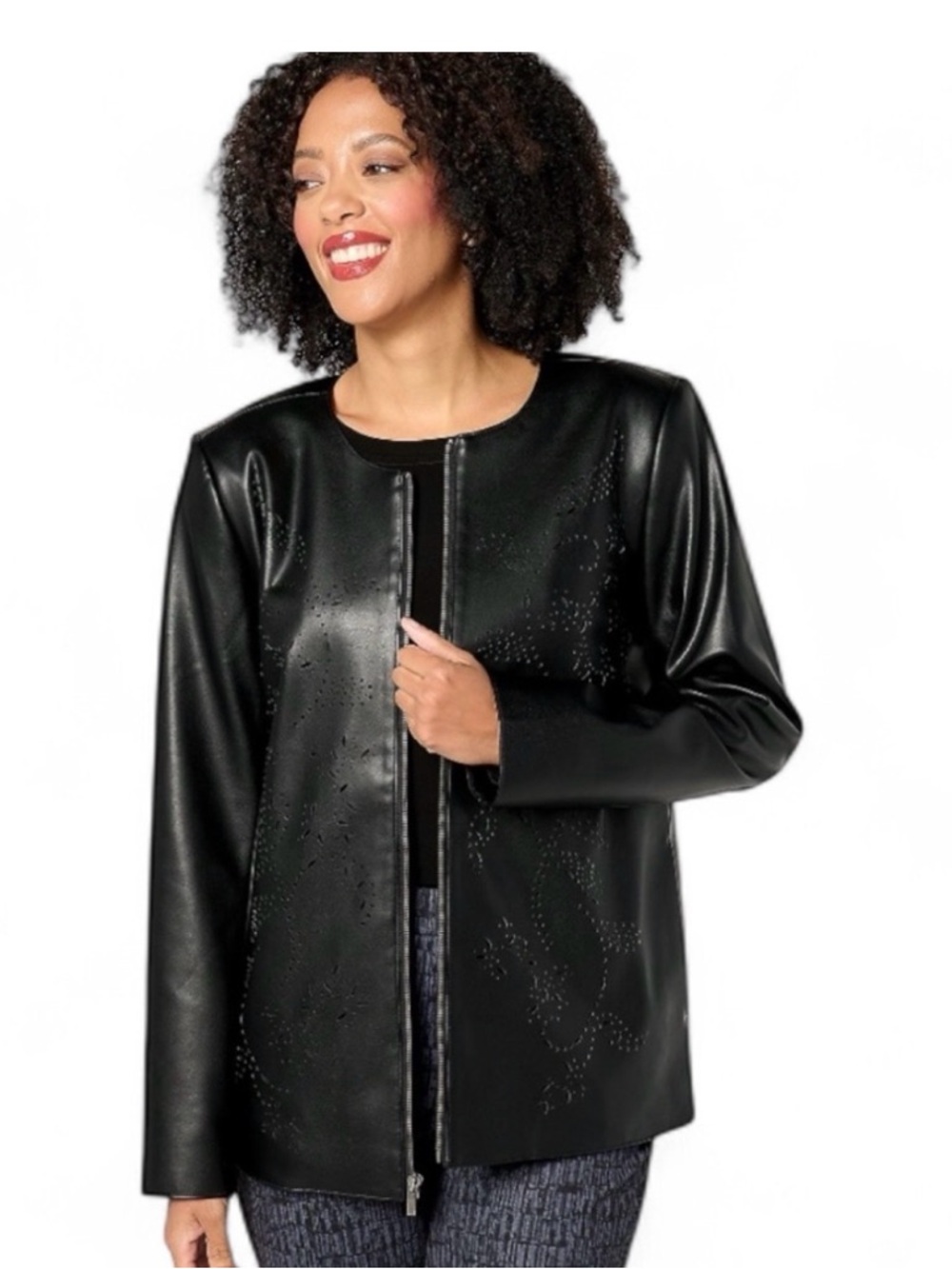 NWOT Susan Graver Black Faux-Leather Laser Cut Detailing Zip Jacket